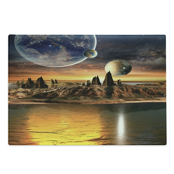 Fantasy Cutting Board, Alien Planet Earth Moon and Mountain Surreal Sci Fi Galactic Future Cosmos Art, Decorative Tempered Glass Cutting and Serving Board, Large Size, Multicolor, by Ambesonne