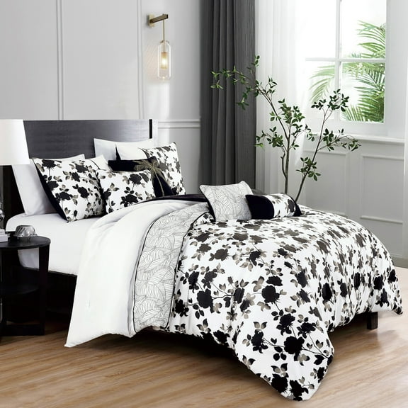  EvJk 7-Piece Luxury Comforter Set, Opulent Print with Embroidery, Queen