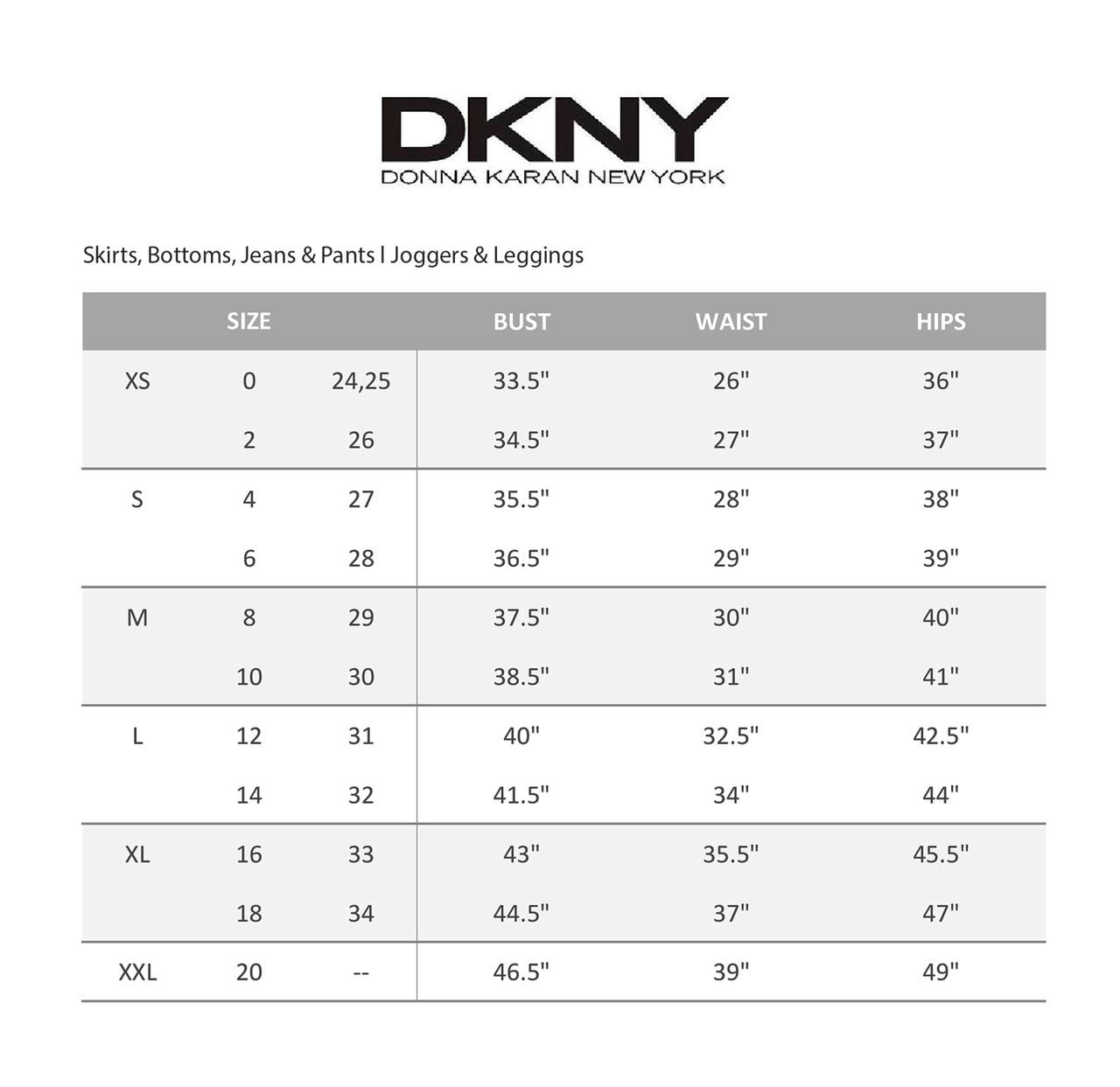dkny shorts size chart