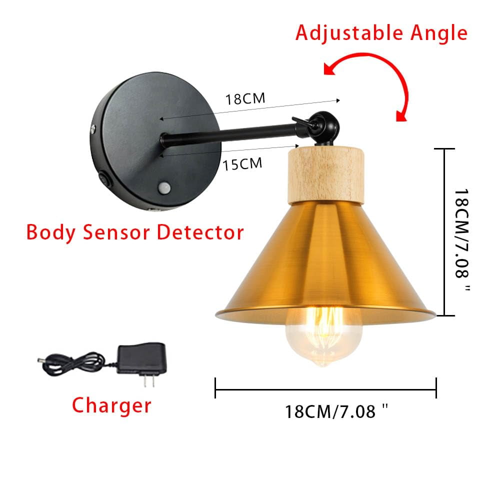 KAYYELAMP PIR Motion Sensor No Cord Battery Wall Sconce Wood Base Gold Metal Shade Wall Lamp Modern Style for Hallway Balcony Entrance Basement