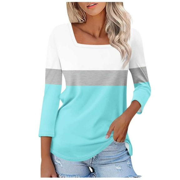 Lenpel Women's 3/4 Sleeve Tops Spring Summer Plus Size Square Neck Color Block Casual T Shirts Tunic Tee Blouses