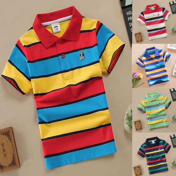 YUEHUA Kid Boys Girls T Shirt Rainbow Striped Cotton Short Sleeve Lapel Shirts Tees for Kids Fashion Comfortable Summer Clothes