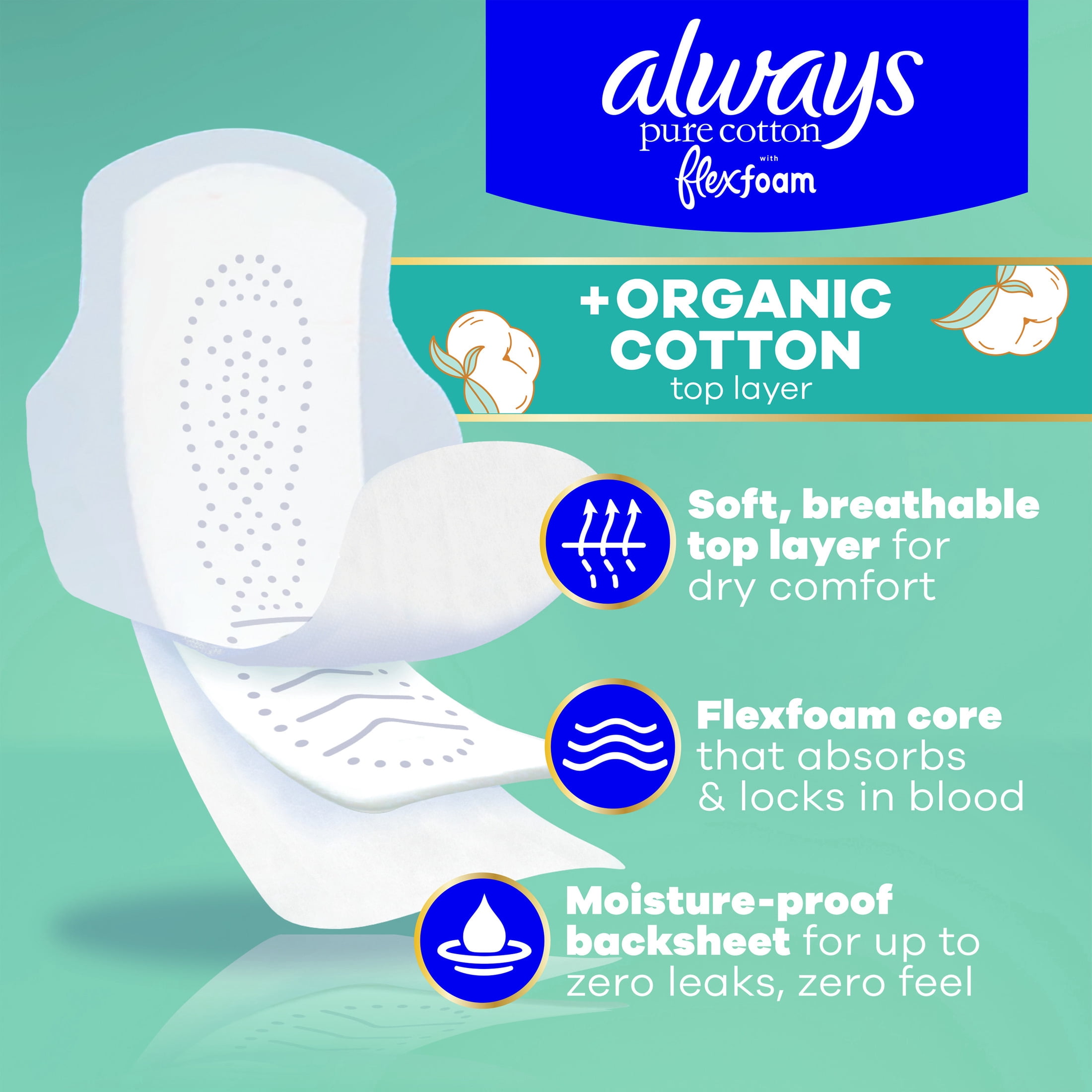 Always Pure Cotton Pads with Organic Top Layer, Size 1 Pads with Wings, Heavy Absorbency, 28 Count