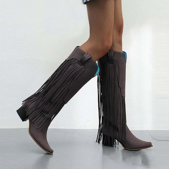PEONAVET Women's Cowgirls Boots Knee High Fringe Boots Pull on Chunky Heel Western Cowboys Boots for Women Halloween Gifts