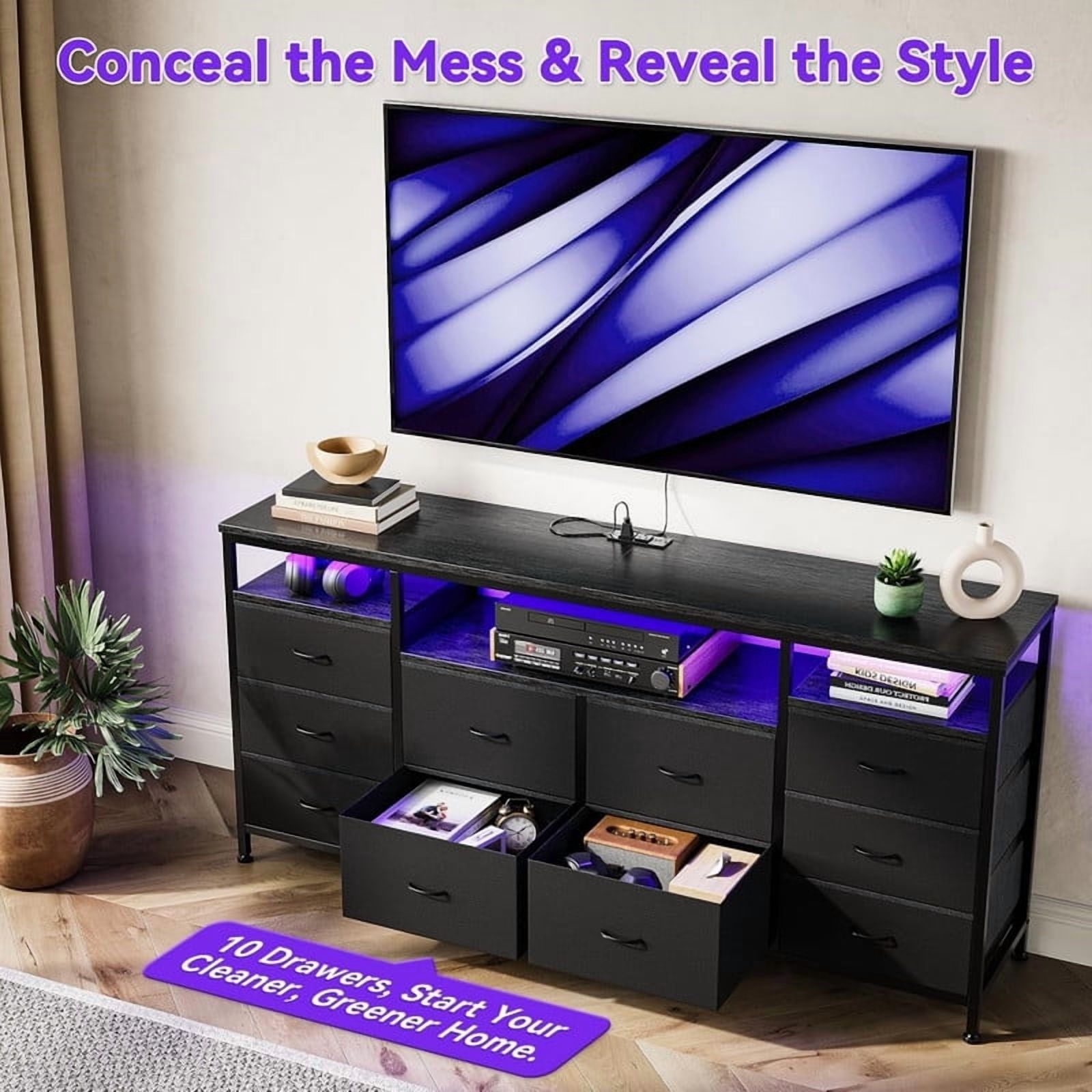 10 Drawer Dresser for Bedroom, 63.3 Inch TV Stand with LED & Power Outlets, Fabric Chest of Drawers for Closet, Living Room, Black