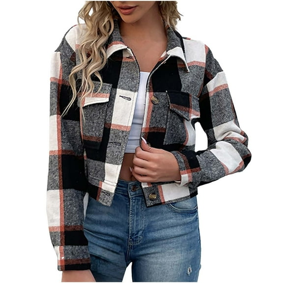YYDGH Womens Cropped Plaid Shacket Jacket Long Sleeve Button Down Short Flannel Wool Blend Shirt Coat with Pockets Black S