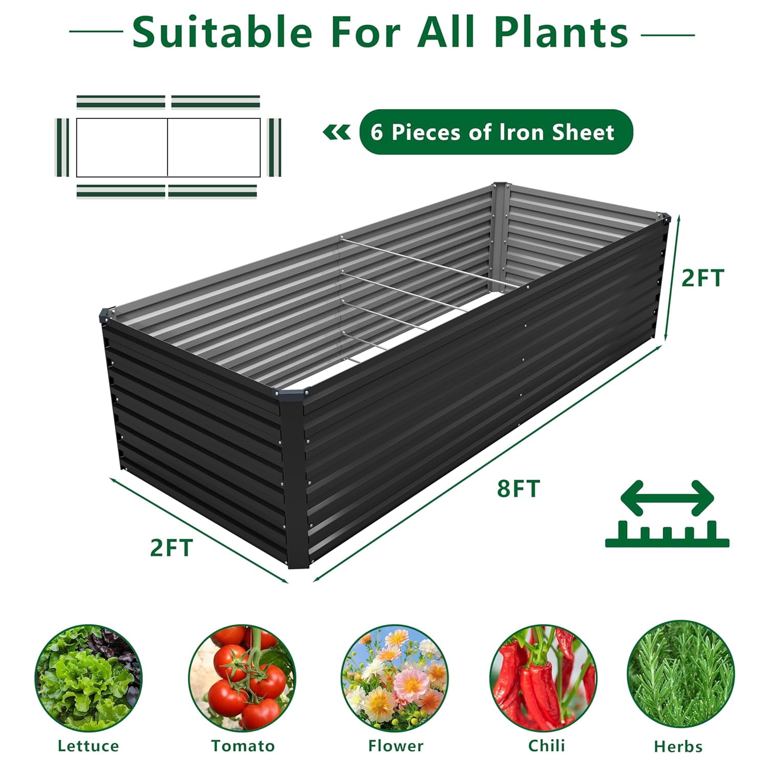 Galvanized Raised Garden Bed Kit 8 ft x 2 ft x 2 ft Black