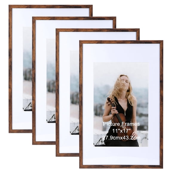 11x17 Picture Frame Set of 4, 11x17 Frame Matted for 8x12 Picture with Mat, Display 17x11 Photo Without Mat, Wall Hanging, Brown