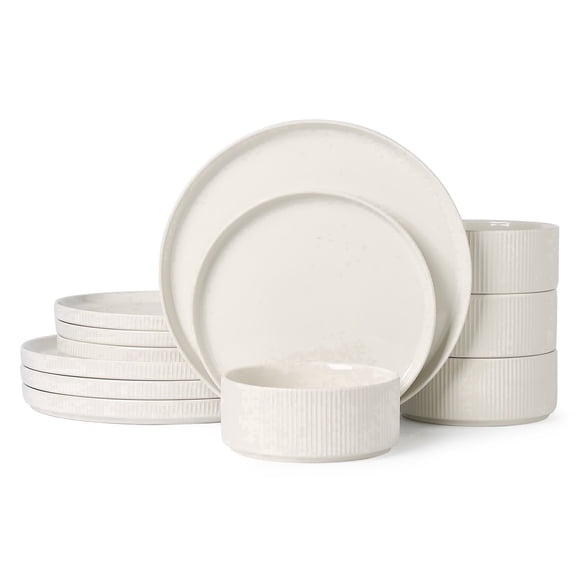ALOFMO Stoneware Dinnerware Sets, Plates and Bowls Sets, Dish Set for 4, 12 Piece Dinner Set, Plate Sets for Kitchen, White