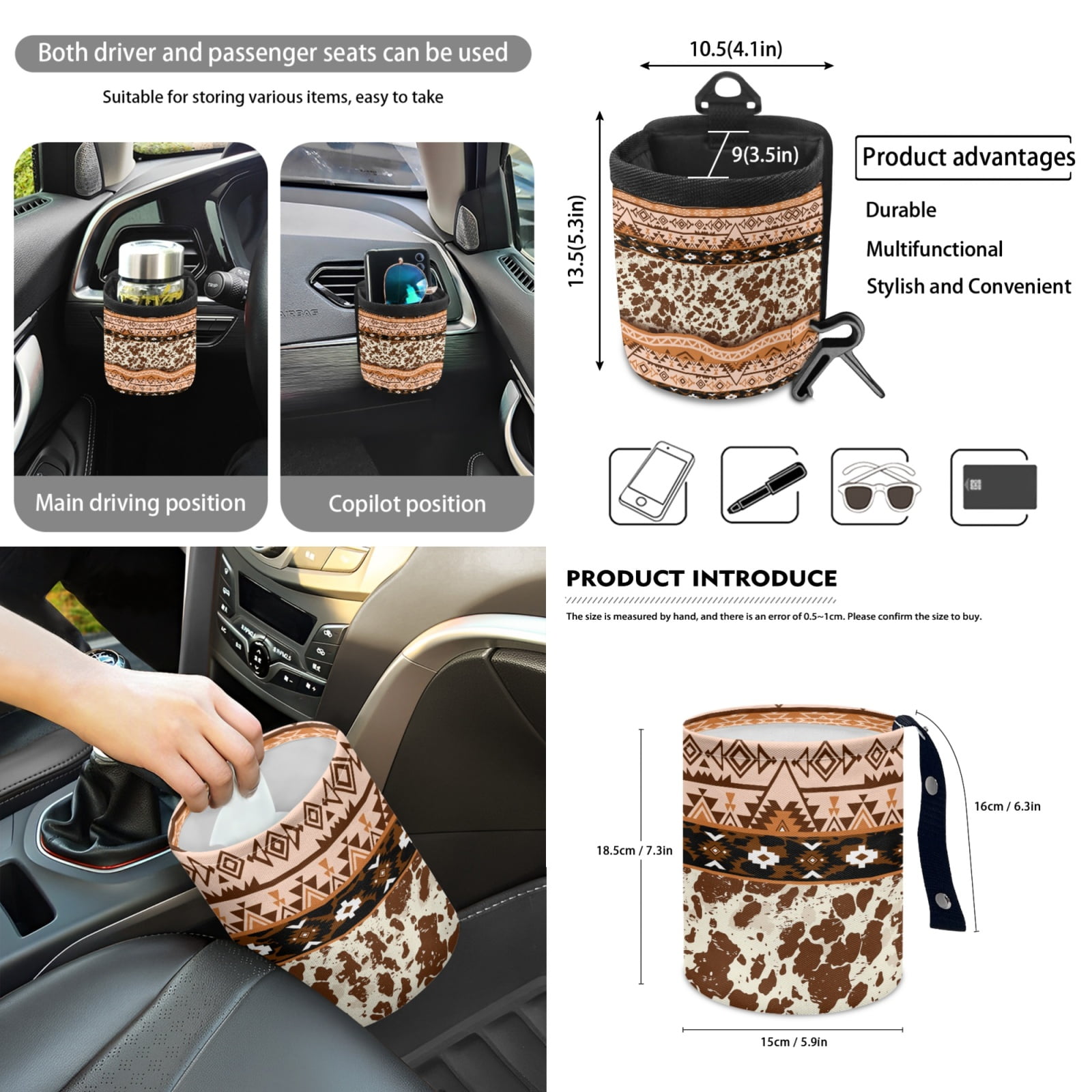 Renewold American Tribal Cow Print 12 PCS Front Car Seat Cover Set with Steering Wheel Seat Belt Armrest Rear View Mirror Cover Trash Can Coaster Keychain Air Vent Pouch Auto Decor Universal Fit