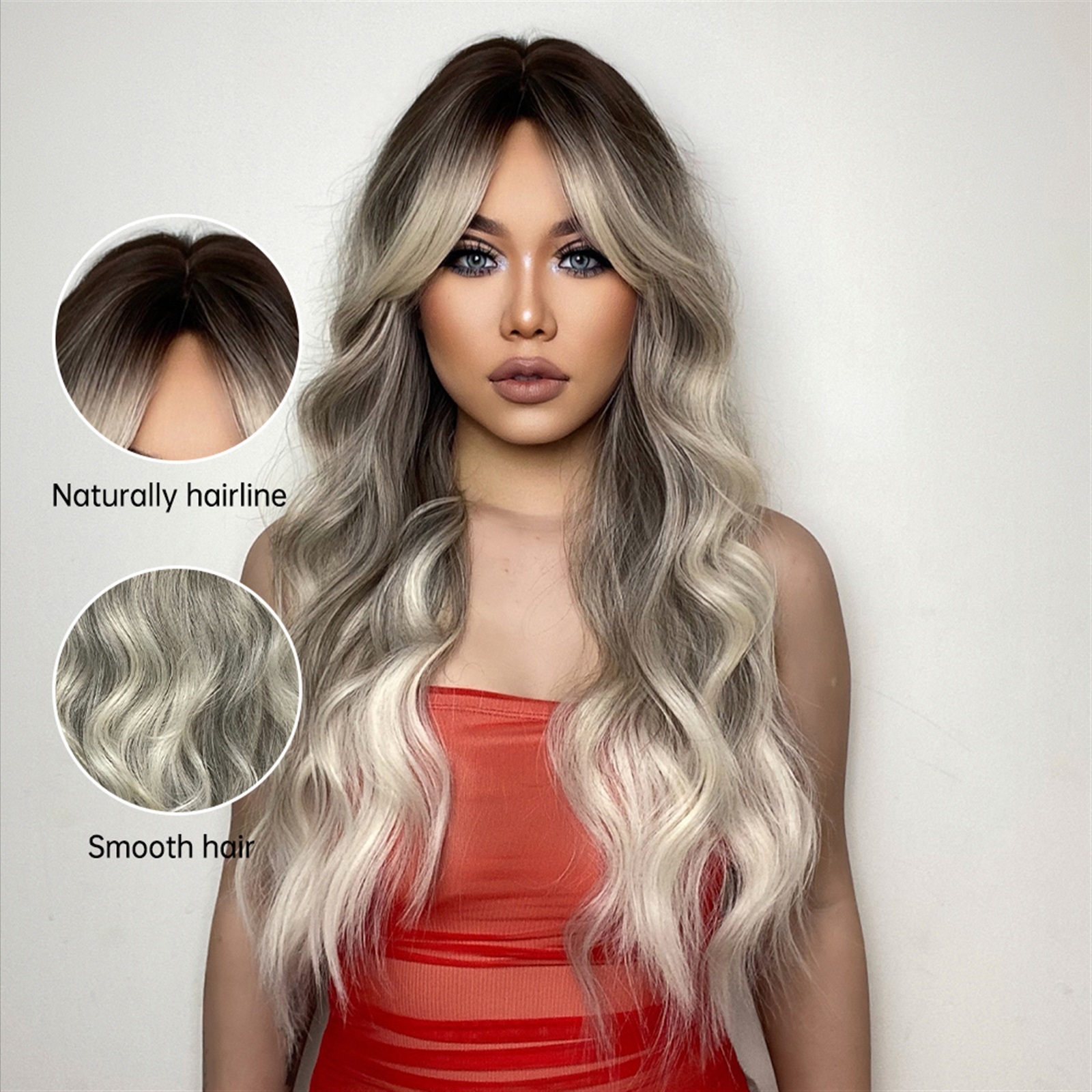 Ombre Ash Brown Blonde Synthetic Wigs for Women Long Wavy Gray Platinum Wigs With Bangs Daily Cosplay Natural Fake Hair