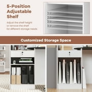 Topbuy Modern Reception Desk Front Counter Desk with Oval Tabletop Lockable Drawer & Adjustable Shelf White