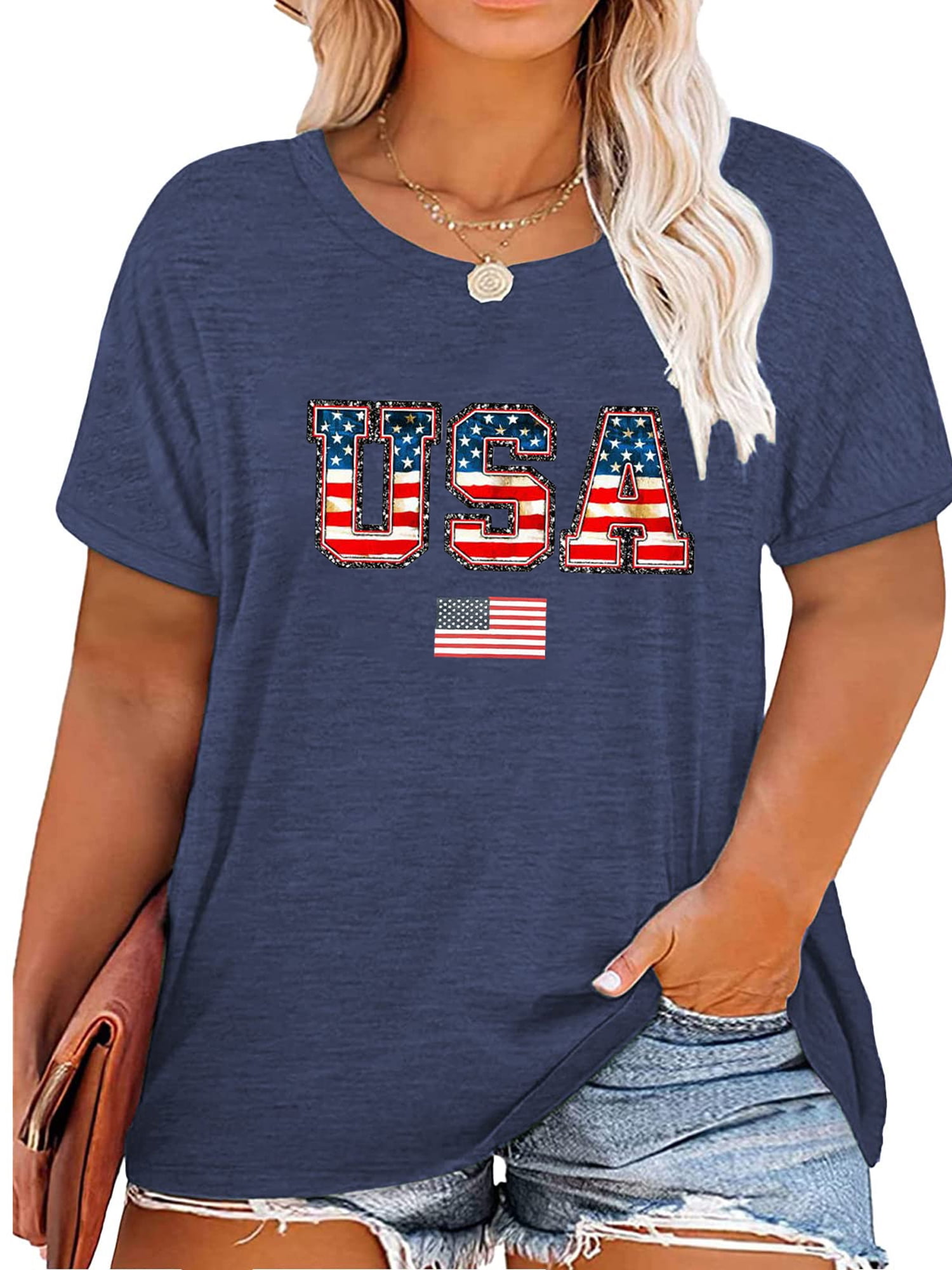 Anbech 4th of July Womens Plus Size Shirt USA American Flag Tshirt ...