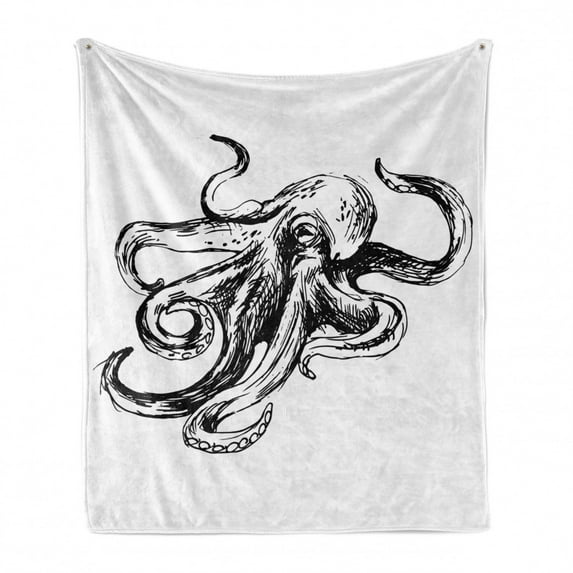 Octopus Soft Flannel Fleece Blanket, Marine Wildlife Sketch Illustration of Octopus with Large Tentacles Nautical Art, Cozy Plush for Indoor and Outdoor Use, 50" x 70", Black White, by Ambesonne