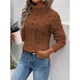 thumbnail image 4 of Chandails à Col Roulé pour Femmes, Tricot Torsadé, Manches Longues, Chandail, Haut, Automne Hiver, Décontracté, Uni, Brun Pâle, TG, 4 of 5