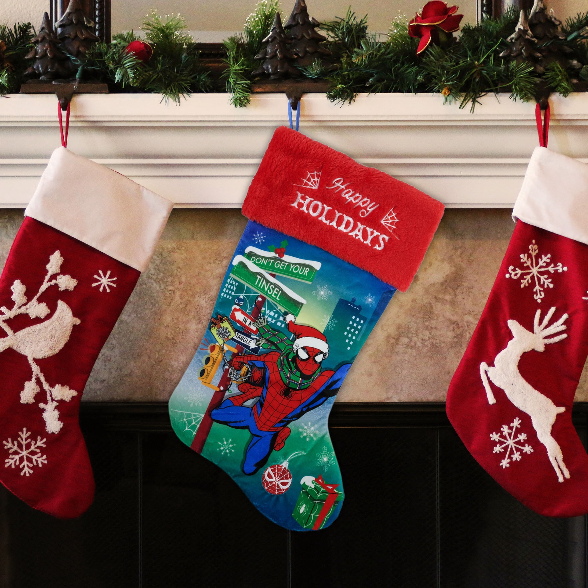 Marvel Spider-Man 20 Inch Velvet Christmas Stocking with Red Fuzzy Cuff