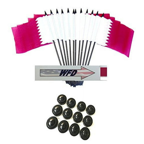 Pack of 12 4"x6" Qatar Polyester Miniature Office Desk & Little Table Flags, 1 Dozen 4"x 6" Qatari Small Mini Handheld Waving Stick Flags with 12 Flag Bases (Flags with Stands)
