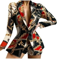 LYXSSBYX Womens Blazer Jacket with Shorts Two-Piece Women's Printed Turndown Collar Shorts and Long Sleeve Tops Set Suits