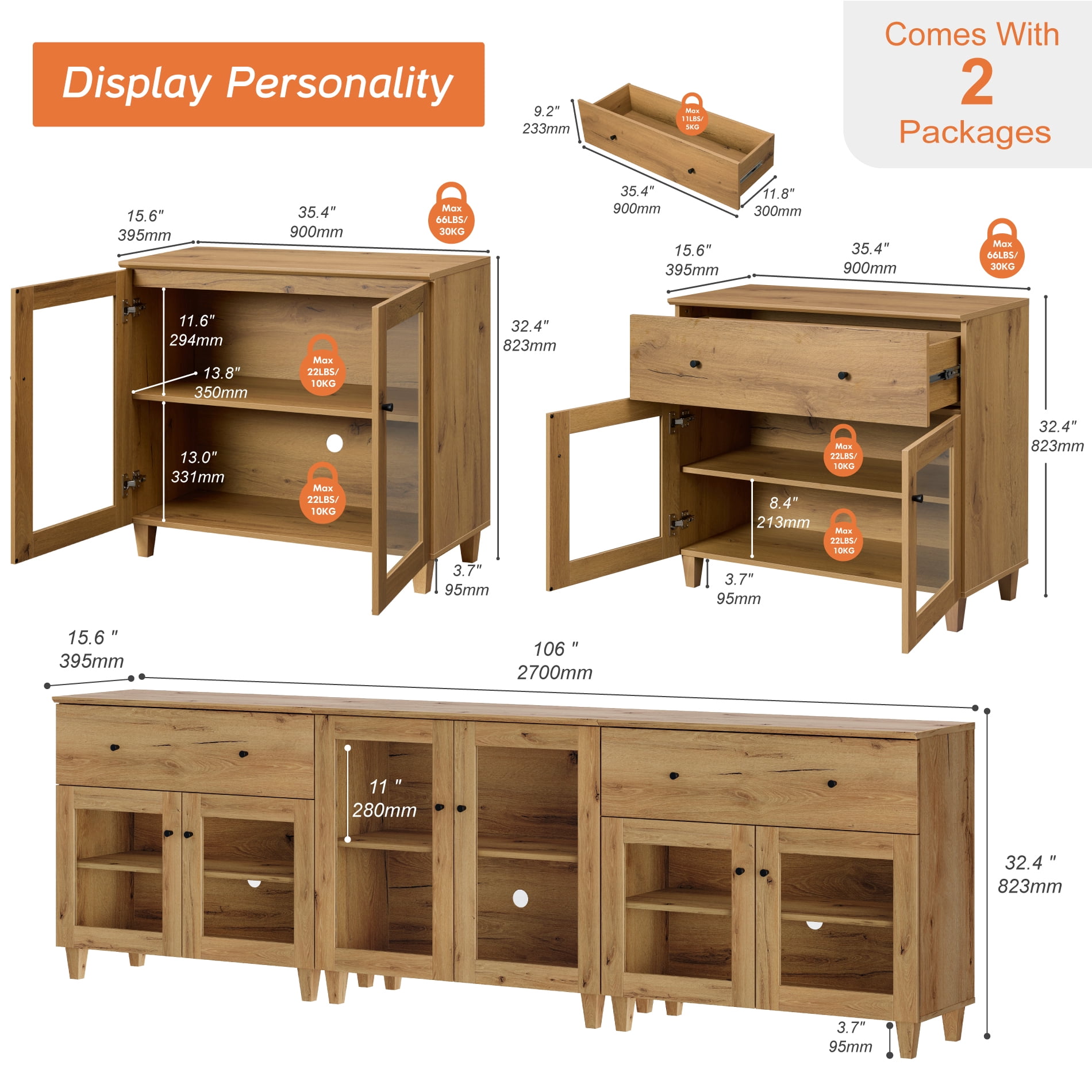 Modern Glass‑Door Combo Dresser, Bedroom Modular Organizer – 2 Wide Drawers, 1 Adjustable Shelf & 2 Fixed Shelves, Anti‑Tip, Oak Brown, 106" W