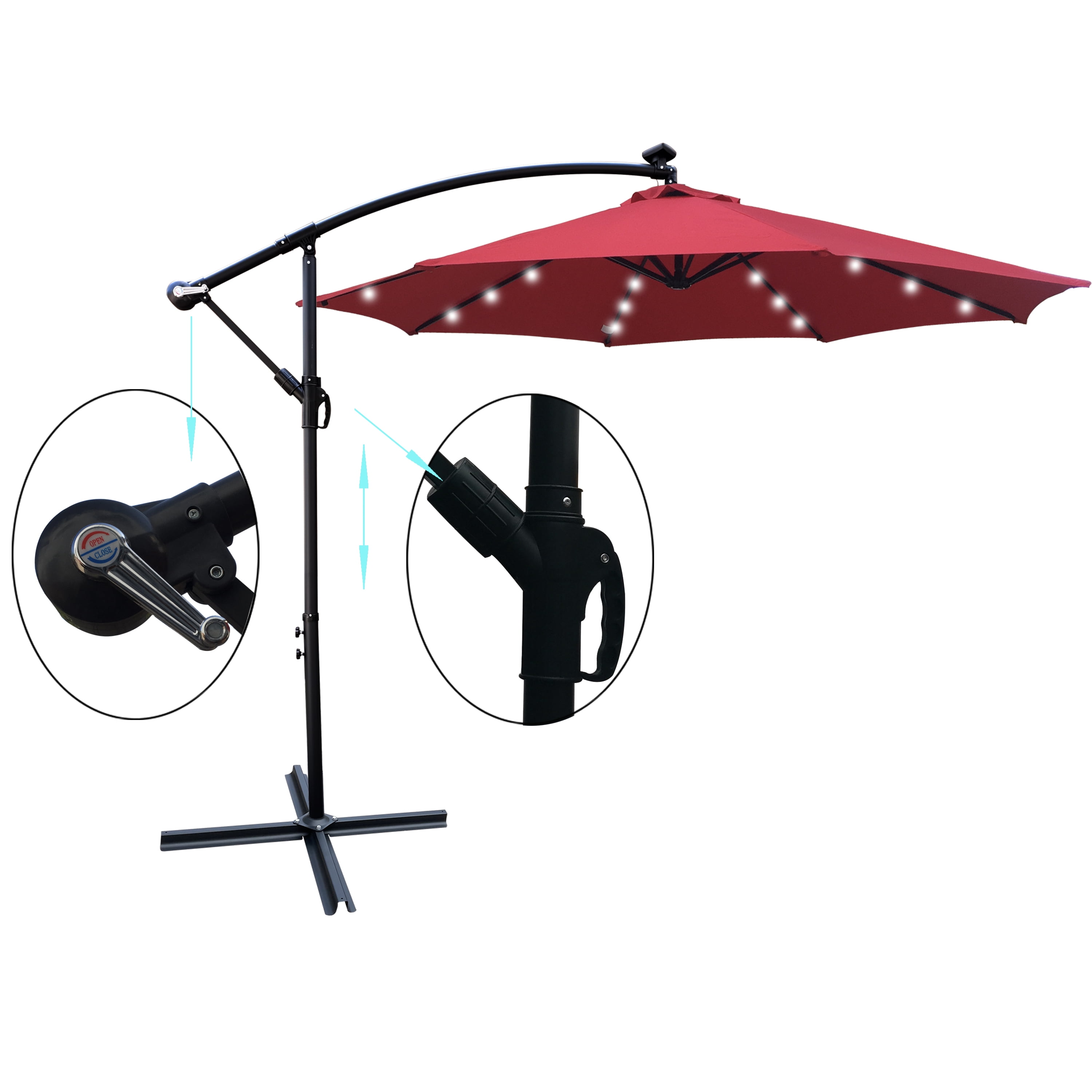 10 FT Round Outdoor Patio Umbrella, Solar LED Lighted Waterproof Sun Shade Umbrella with Stable Base, Red