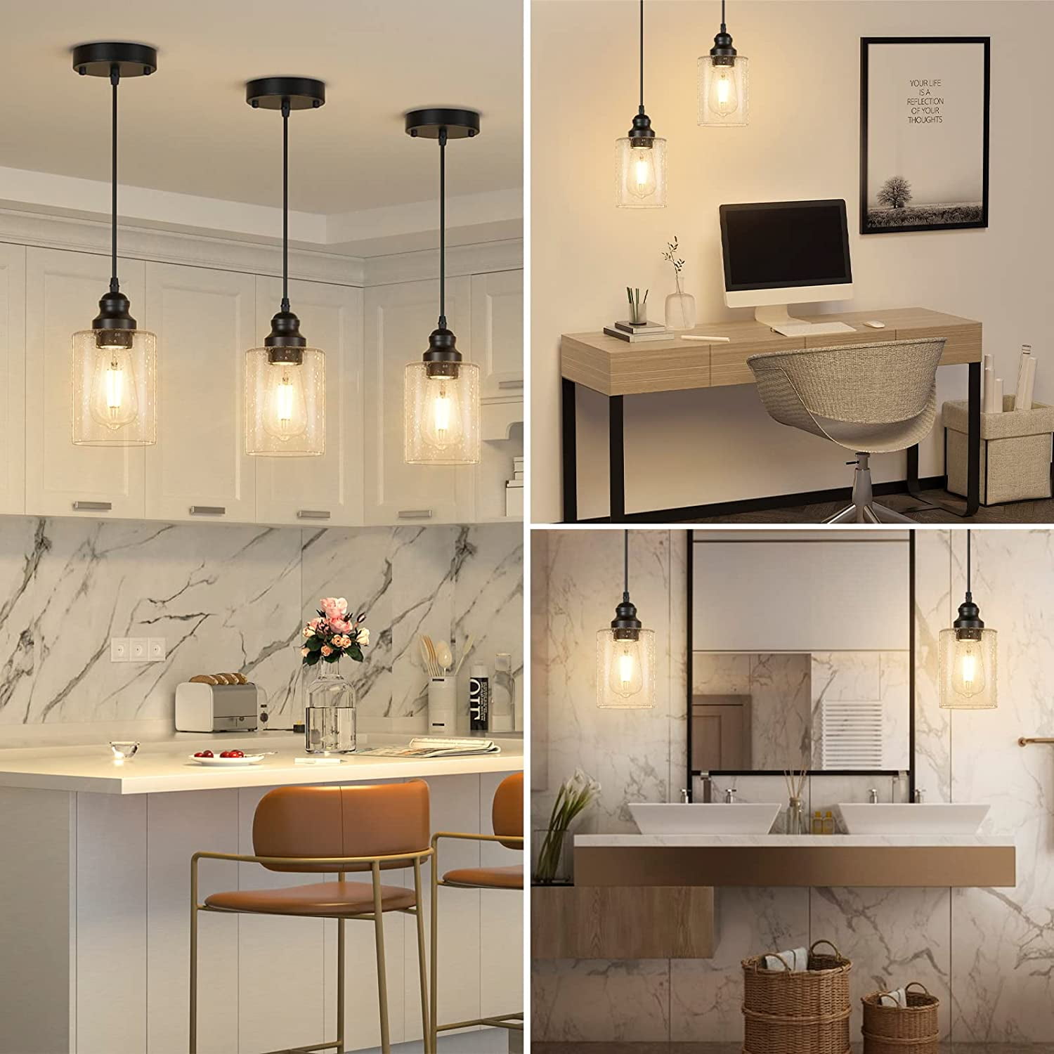 Pendant Lighting 3-Pack Ceiling Lights Hanging Cord Lamp Black Pendant Lights Fixtures for Kitchen Island Dining Room with Glass Shade, Without Bulbs