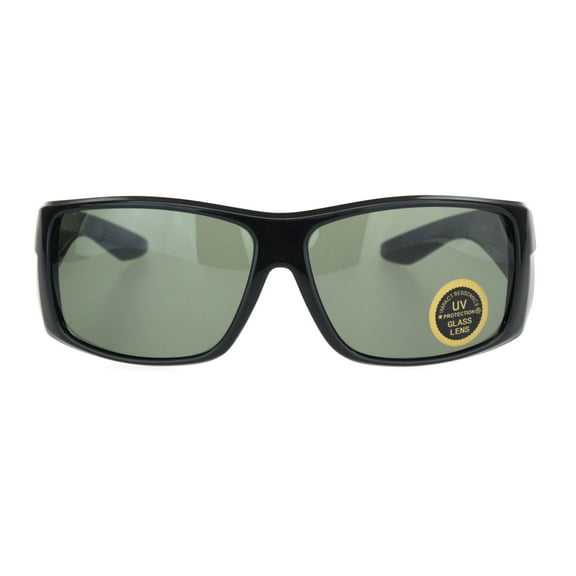 Mens Thick Temple Glass Lens Rectangular Warp Black Cholo Sunglasses Gloss Black Green