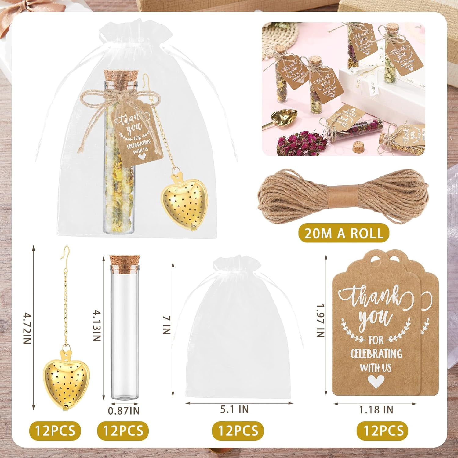 49Pcs Tea Party Favors Set with 12 Gold Heart Tea Infusers Glass 12 Bottles 12 Gift Tags 12 Organza Bags 1 Rope, Bulk Wedding Bridal Shower Guest Gifts DIY Tea Gift Set Party Decorations