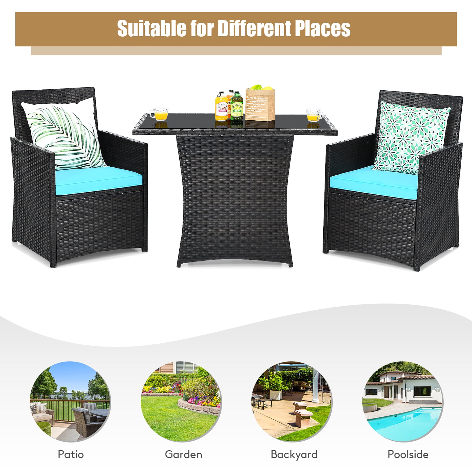 Costway  3PCS Patio Rattan Furniture Set Cushion Sofa Armrest Garden Turquoise