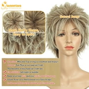 QUEENTAS Blonde Wigs for Women Layered Short Blonde Wig with Highlight Synthetic Pixie Cut Wigs with Bangs Glueless Wig Blonde Mixed Brown