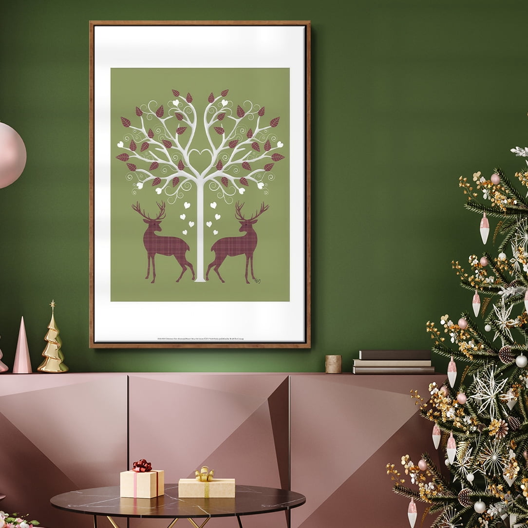 Christmas Des - Deer and Heart Tree, Pink On Green - Framed Gallery Wrapped Holiday Canvas - 25 x 37 - Rosewood Frame