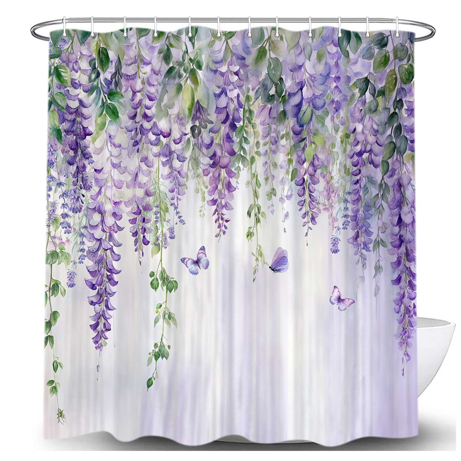 Purple Lavender Floral Butterfly Shower Curtain, Spring Purple Lilac Flower Leaves Fabric Shower Curtains Set for Girl Bathroom Decorative, Watercolor Restroom Decor Accessories with Hooks 72X72 Inch