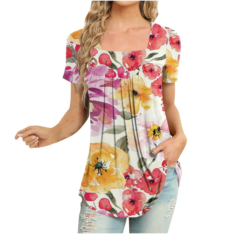  Women Summer Tops Plus Size Hide Belly Tunics Short Sleeve T  Shirts Floral Print Tshirt Dressy Flowy Blouses Tees : Clothing, Shoes &  Jewelry