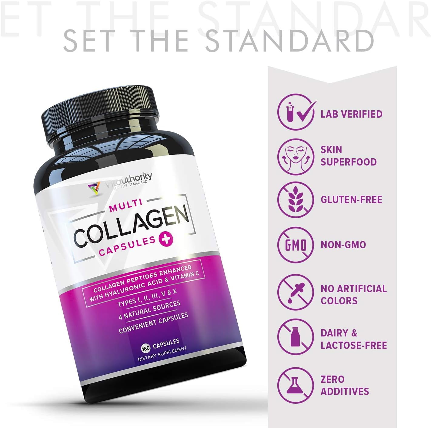 Vitauthority Multi Collagen Peptides Dietary Supplement Capsules, Hydrolyzed Collagen Vitamin Pills with Vitamin C and Hyaluronic Acid, 180 Count