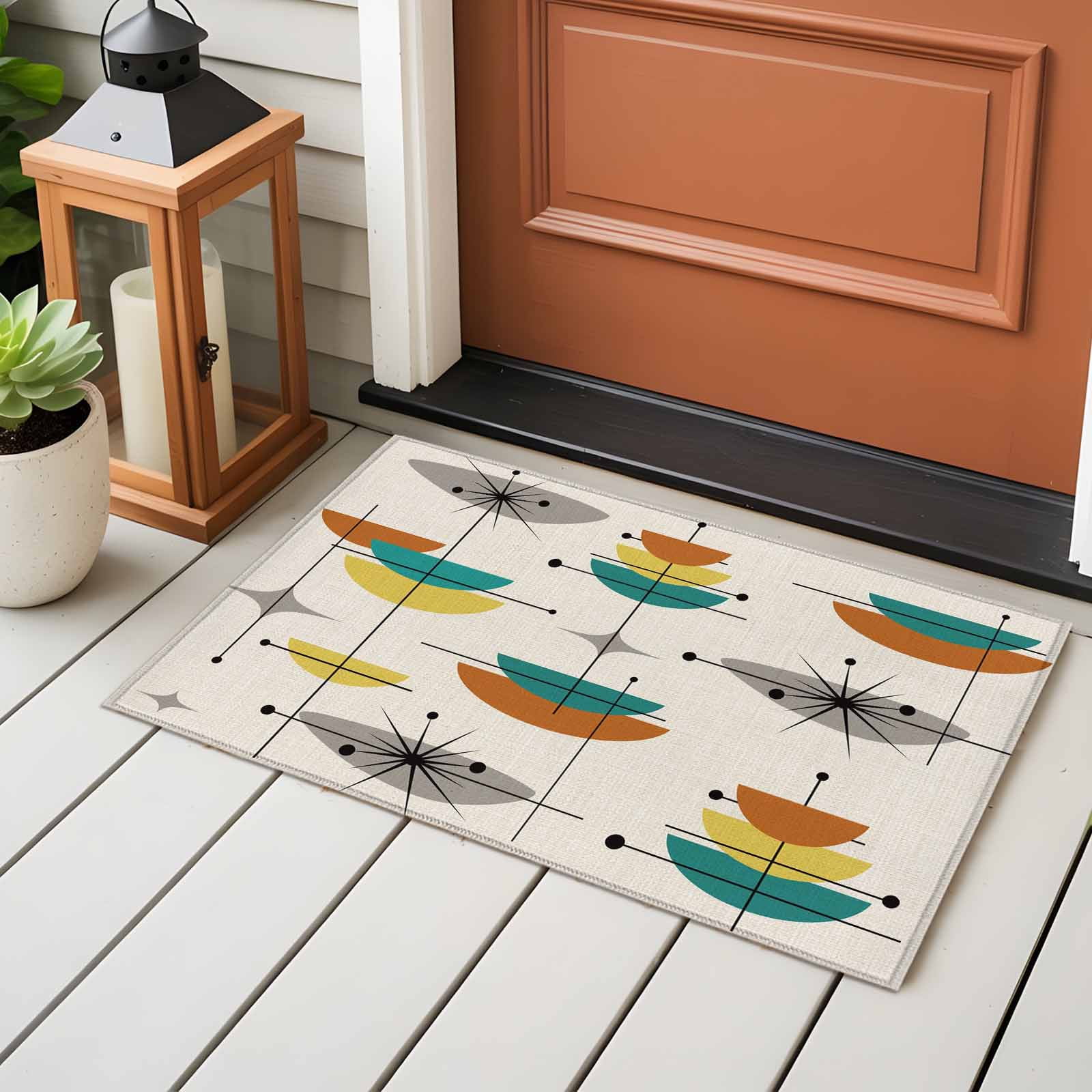 Boho Modern Area Rugs 2x3 for Living Room, Middle Century Teal Yellow Orange Geometric Non Slip Washable Rug Runner, Low Pile Indoor Floor Carpet Mat Bathroom Rugs for Bedroom, Kids Room