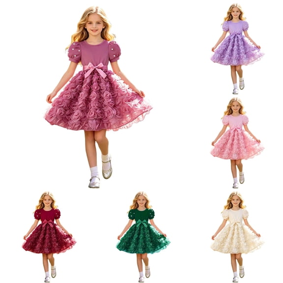 Shachafan Girls Dresses Pearl Short Sleeve Rose Floral Print Party Dress For Toddler Summer Casual Wear Flower Girl Dresses