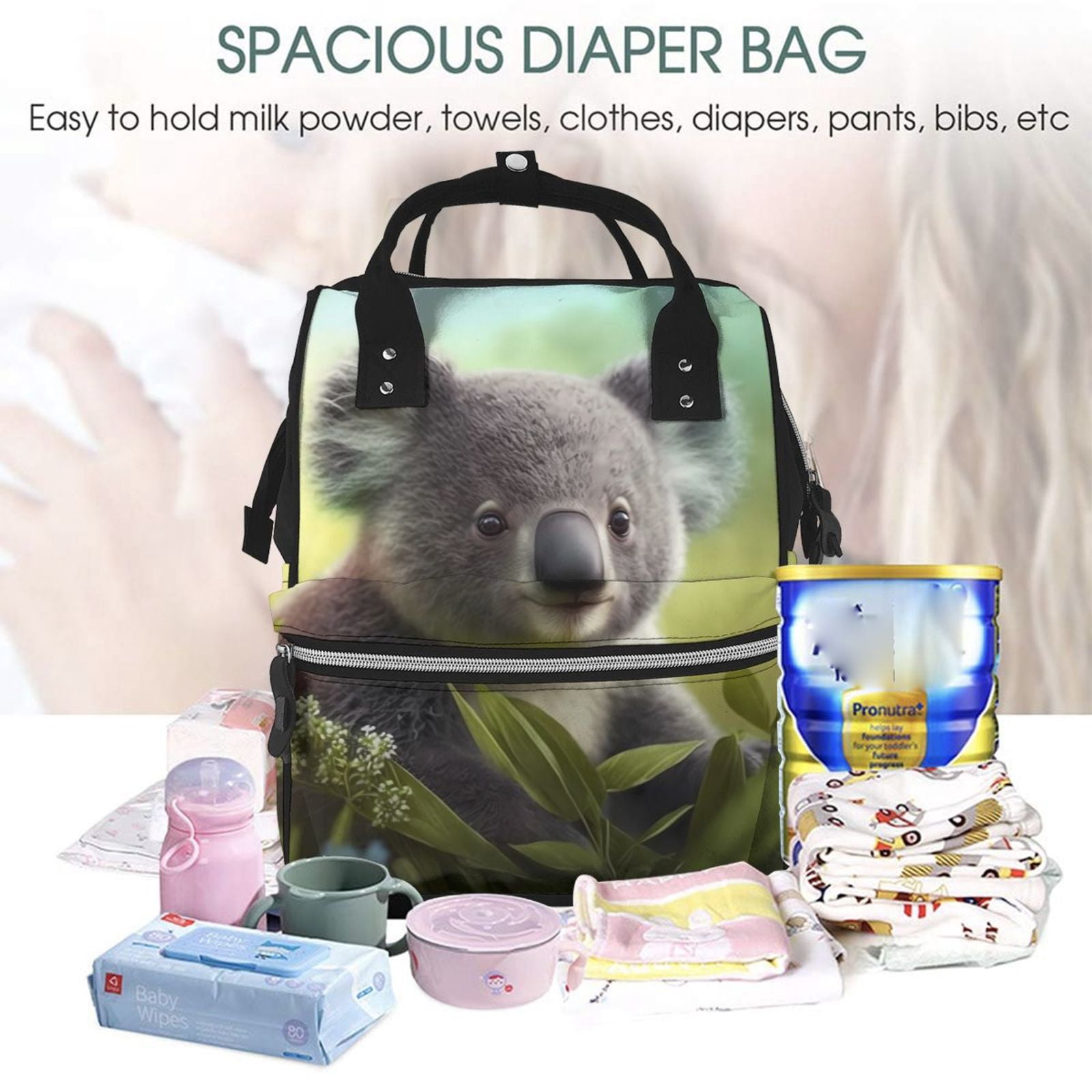 Fuzoiu Daisy Koala Print Diaper Bag Backpack,Baby Essentials Travel Tote,Multi function Waterproof Diaper Bag, Travel Essentials Baby Bag - Unisex
