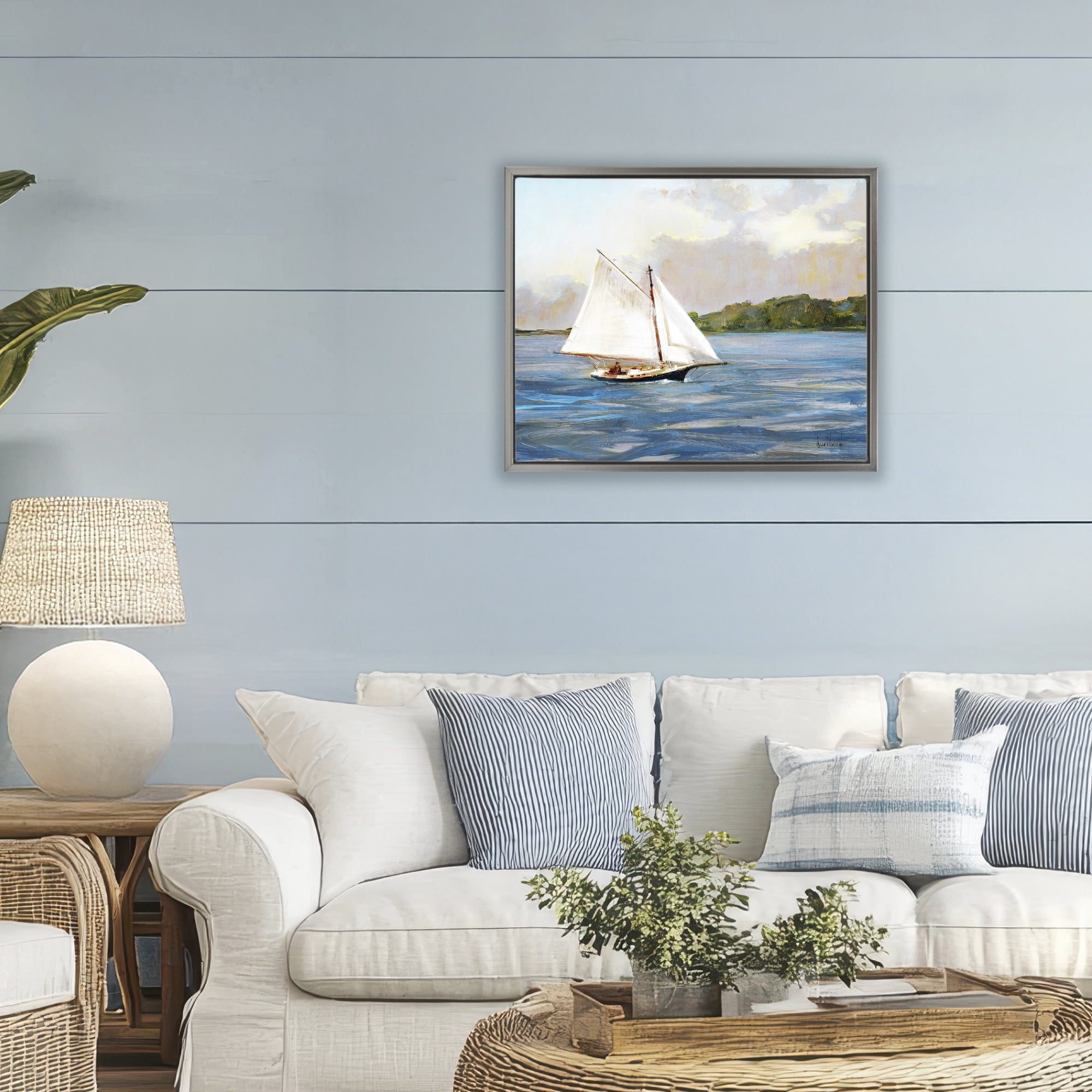 Stupell Industries White Sailboat on Calm Blue Sea Gray Framed Floater Canvas Wall Art, design by Katie Swatland