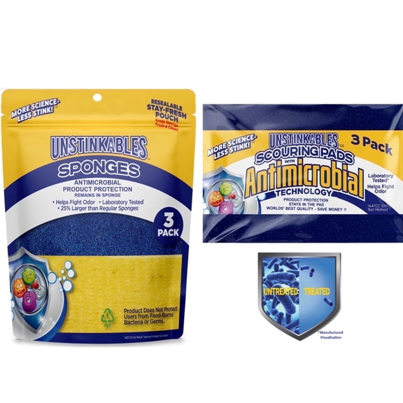 Unstinkables Antimicrobial Kitchen Sponges, Oversized, Laboratory-Tested, 12 Count, 1-Year Supply