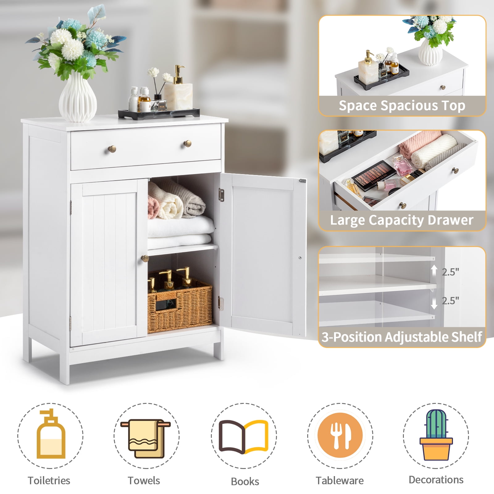 Zimtown White Wooden 2-Door Bathroom Cabinet Storage Organizer with 2 Shelves& 1 Drawer Freestanding