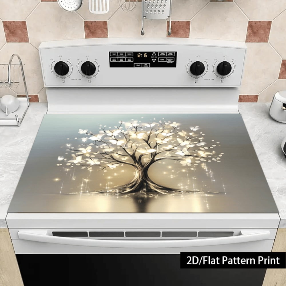 1 piece, stove panel and cooktop panel protection pad, 2D flat dreamy butterfly life tree pattern kitchen decorative countertop pad, suitable for stoves, washing machines, dryers, coffee machines, mu
