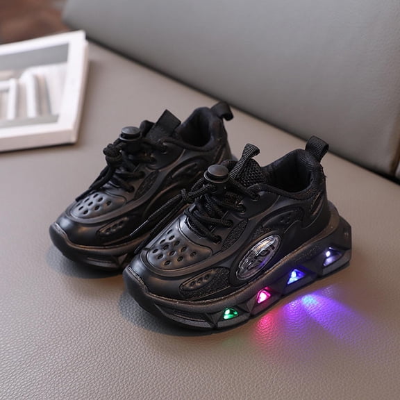 Girls Light Up Sneakers LED Flashing Kids Shoes Breathable Non-Slip with Bungee Laces Black,Size 23