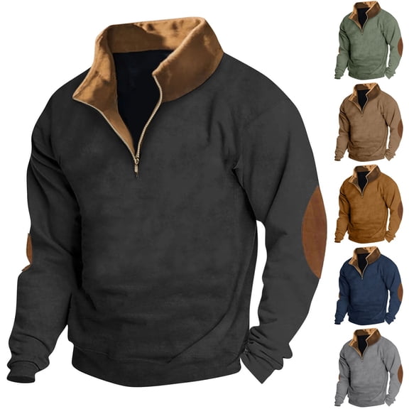 Men's Solid Color Vintage High Neck Half Zip Henley Sweatshirt, Long Sleeve Sports Pullover for Retro Style,Black,L
