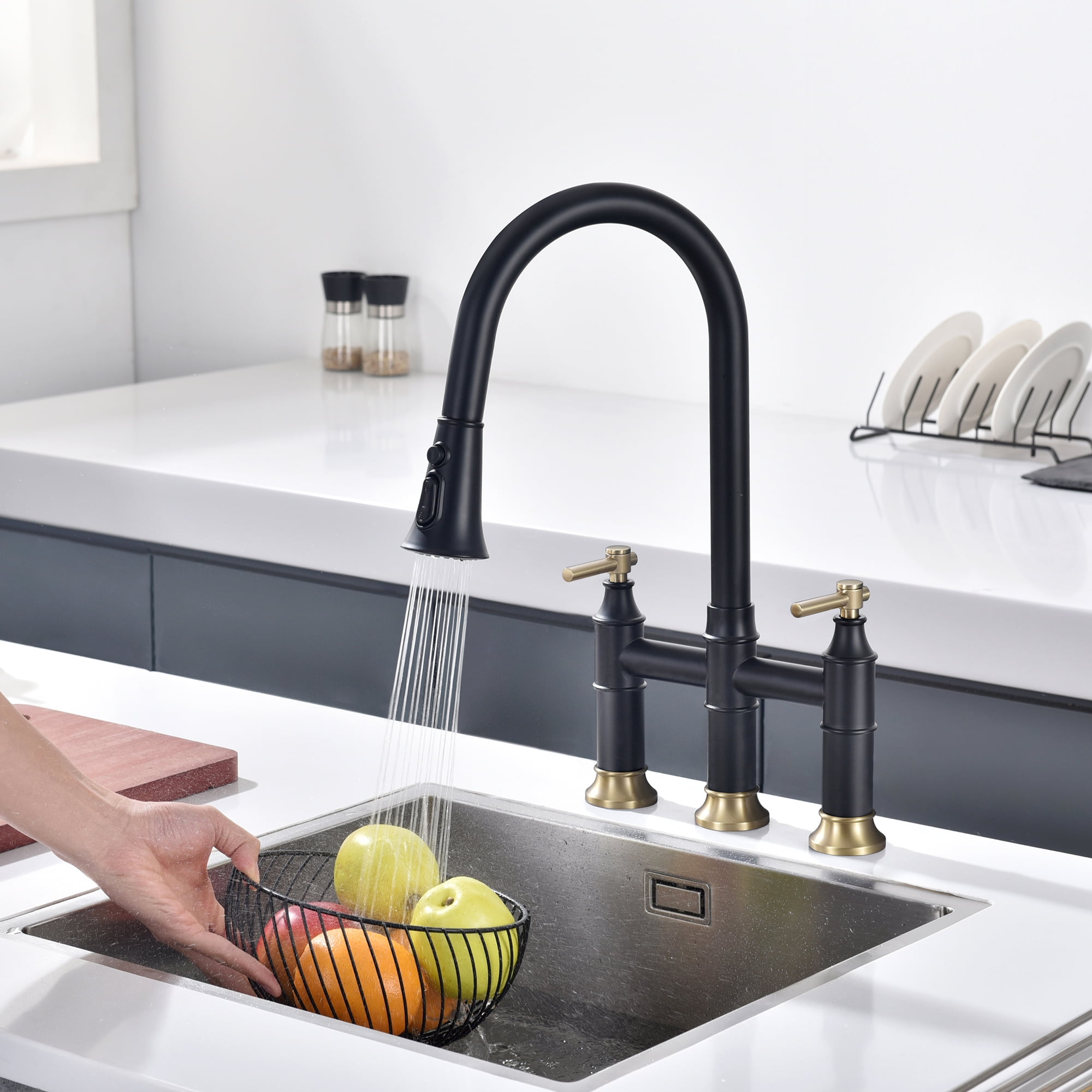 SUMERAIN Bridge Kitchen Faucet with Pull Down Sprayer 2 Handle 3 Hole Kitchen Sink Faucet 8 Inch Centerset Black&Gold