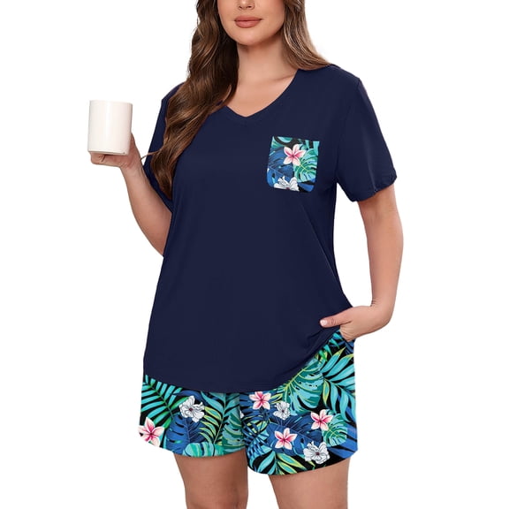SHOWMALL Women's Plus Size Pajama Set, Black Jungle Blooms 3X 2 Piece Loungewear Sleepwear for Spring Summer Fall, Short Sleeve Top and Printed Shorts with Side Pockets,