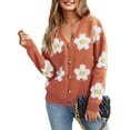 thumbnail image 2 of Women'S Floral Print Cardigan Long Sleeve Open Front Button Down V Neck Knitted Sweaters Orange Red S, 2 of 8