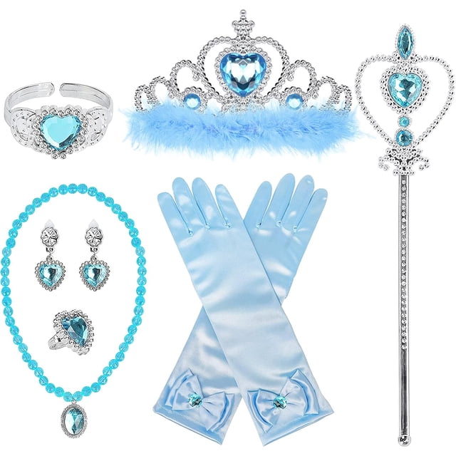 Princess Dress Up Accessories Princess Gloves, 7pcs Dress Up Set for Toddler Girls with Princess Crown, Wand, Gloves, Necklace, Earrings, Bracelet and Ring, Costume Toys for 3-6 yr Little