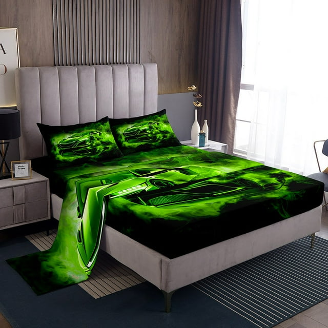 Erosebridal Sports Car Bed Sheets Set Queen Size, Neon Green Bed Sheets Queen, Racing Car Decoration, 4 Pieces