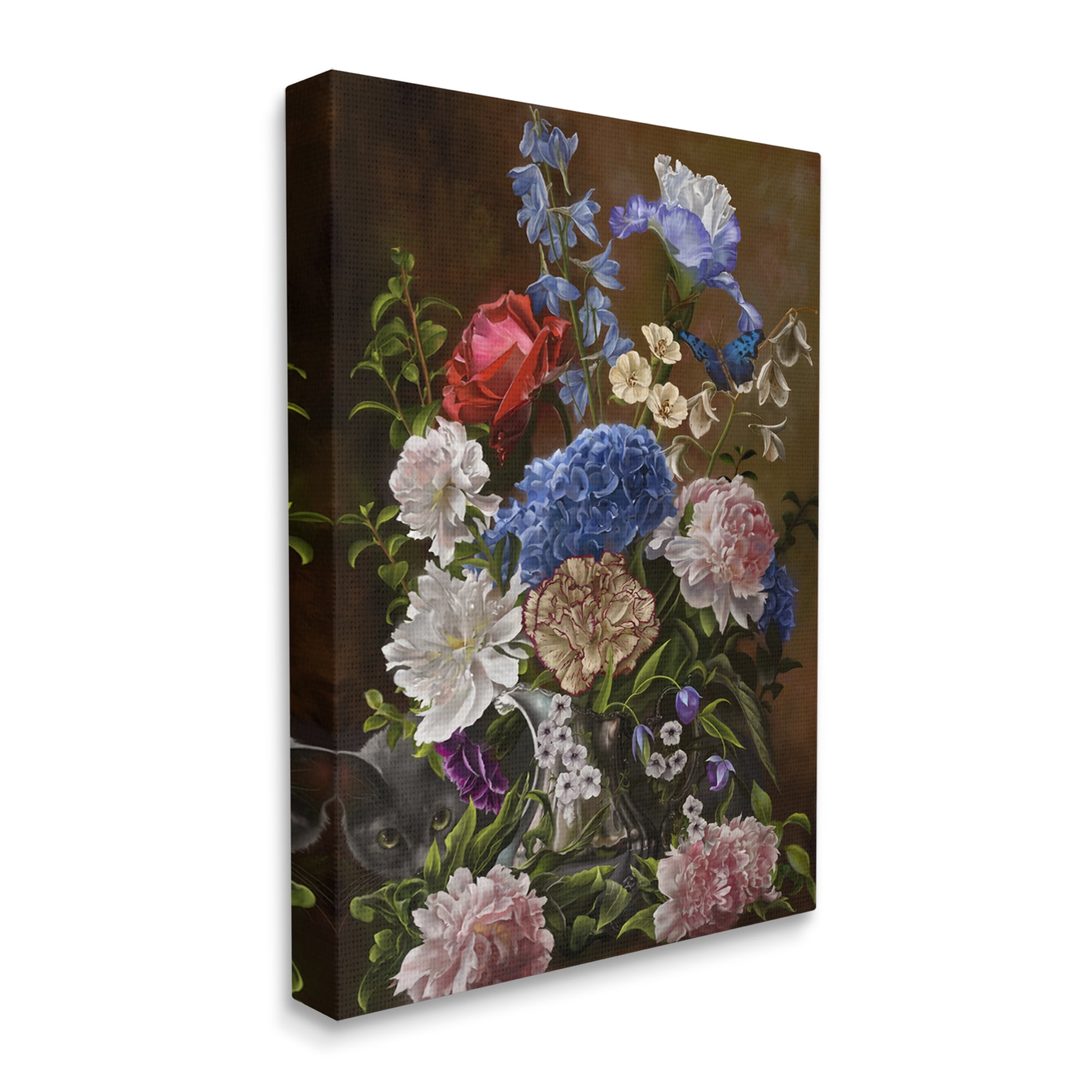Stupell Industries Vintage Flowers & Cat Botanical & Floral Painting Gallery Wrapped Canvas Art Print Wall Art, 24 x 30