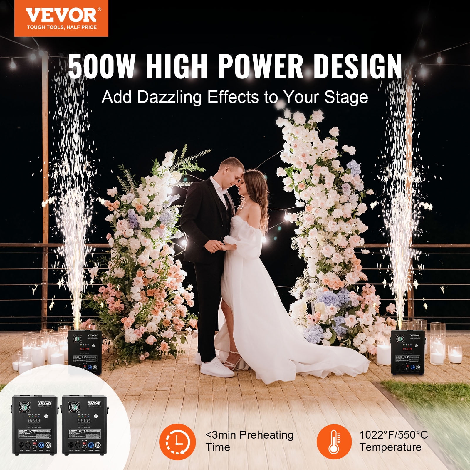 VEVOR Cold Spark Machine, 2 Pack 500W Output Fireworks Controllers, 6.6-13ft Adjustable Height, with Advanced DMX System,LED Screen,Portable Handle, Aluminum Alloy for Stage DJ Wedding Event,Party