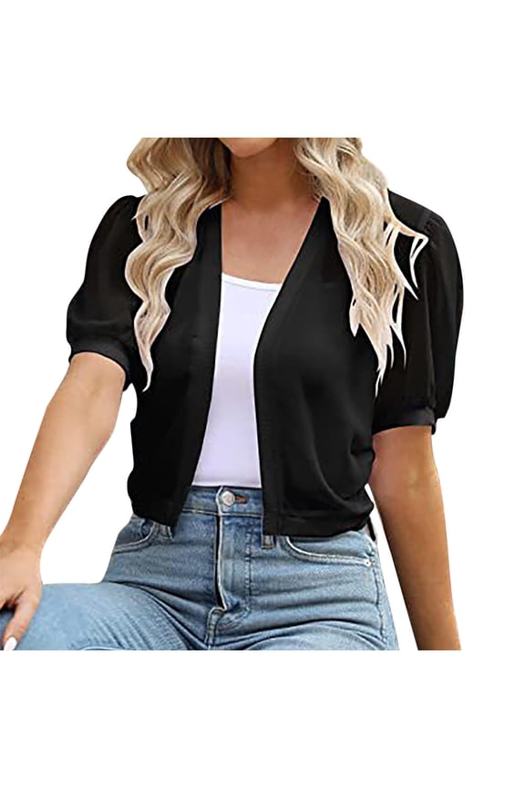 Women Puff Sleeve Bolero Shrug Shawl Short Sleeve Open Front Chiffon Summer Cropped Sheer Jackets Cardigan Tops for Evening Dress(Black,M)